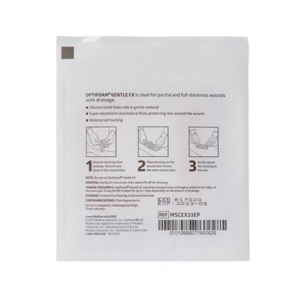 A white package of Medline Optifoam Gentle EX Silicone-Faced Foam Wound Dressings features brown application instructions and diagrams, a superabsorbent core, waterproof backing, product details, and a barcode at the bottom.