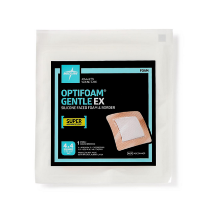 Medline Optifoam Gentle EX Silicone-Faced Foam Wound Dressings, 4x4 in, feature a superabsorbent core and advanced wound care details on a black and teal label with product image.
