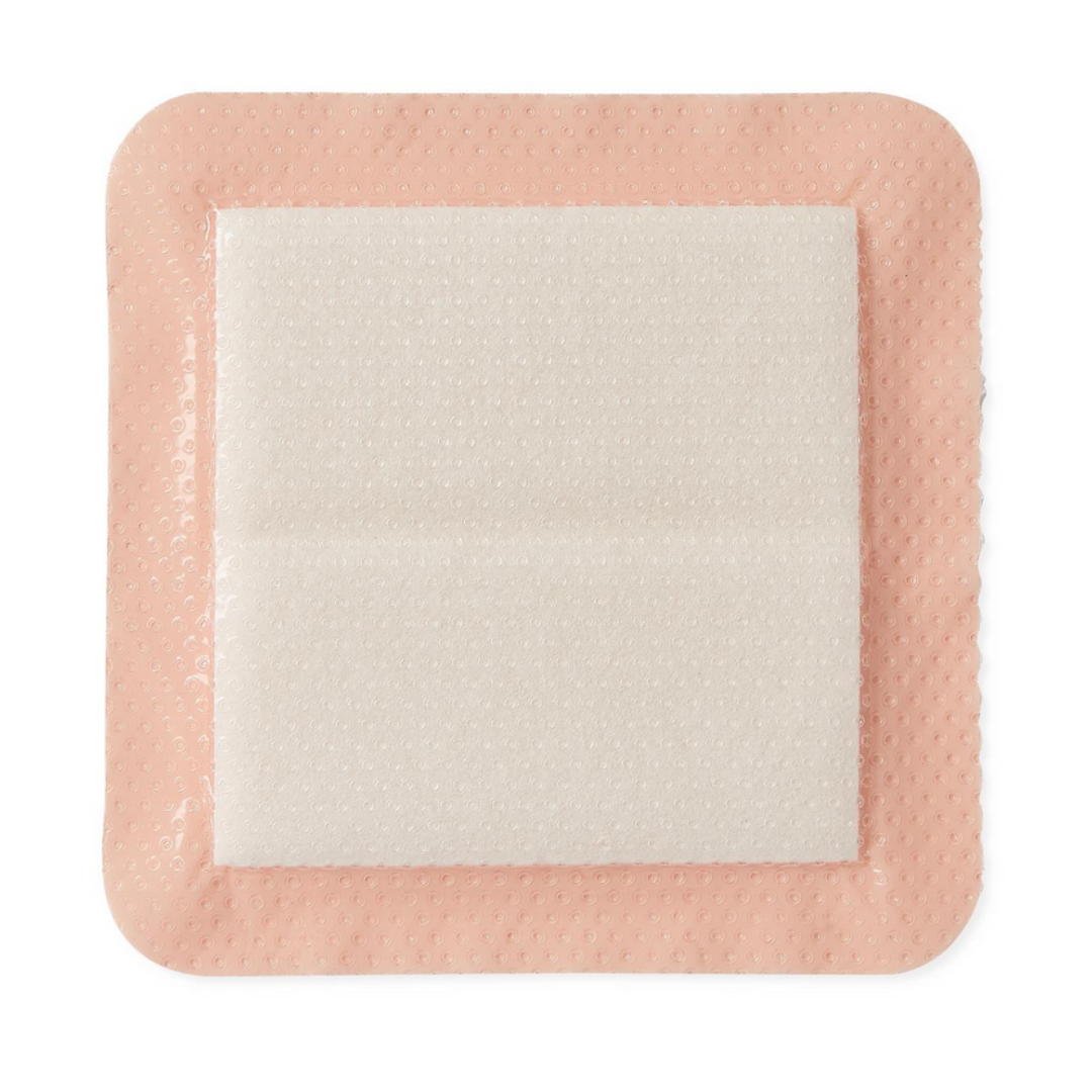 Medline Optifoam Gentle EX Silicone-Faced Foam Wound Dressings are square, with a pink border and white padded center, offering advanced wound care by protecting wounds and promoting healing as silicone foam dressings.