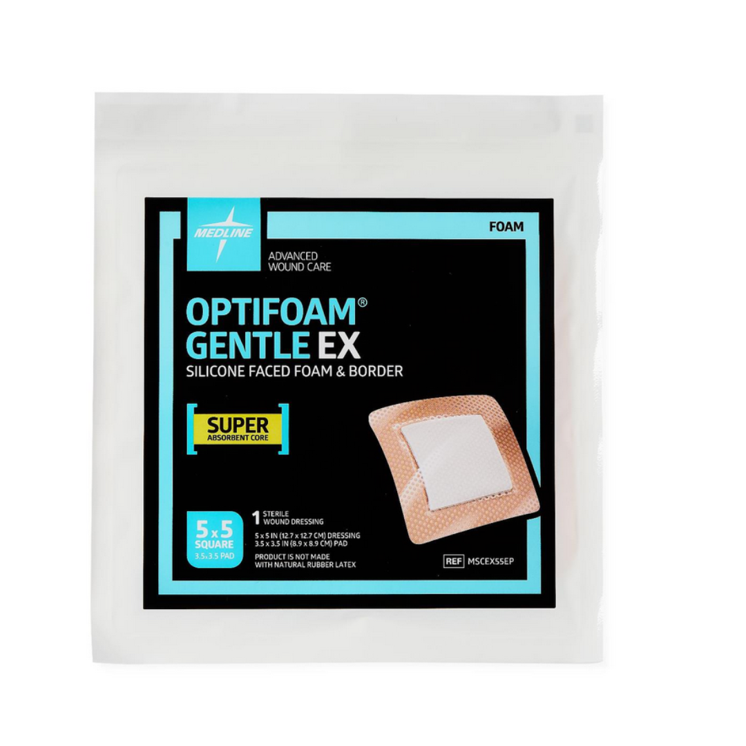 A package of Medline Optifoam Gentle EX Silicone-Faced Foam Wound Dressings features a photo of the bandage, product details, and blue and black labeling, plus a superabsorbent core for advanced wound care.