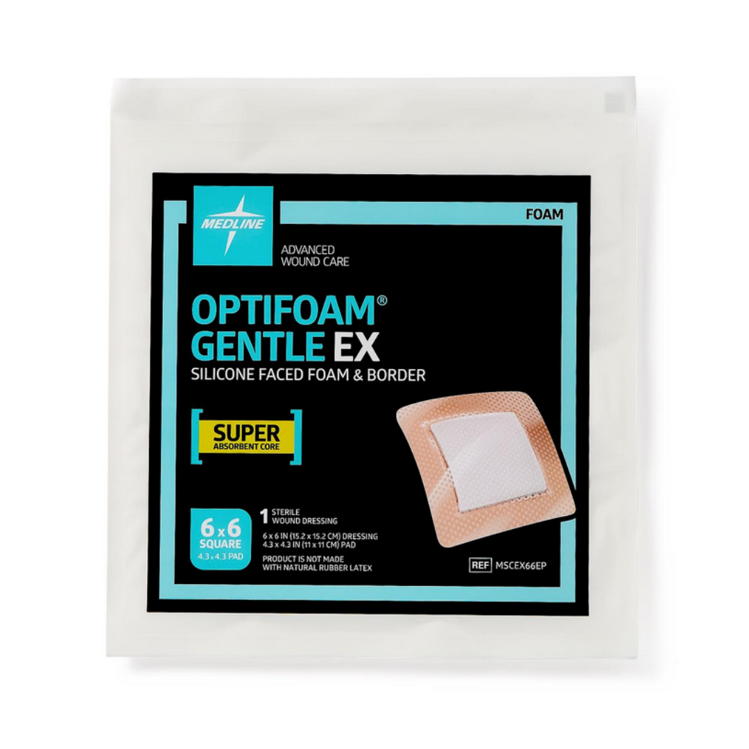 Medline Optifoam Gentle EX Silicone-Faced Foam Wound Dressings, 6"x6", feature a superabsorbent core for advanced wound care. Packaging is labeled "super absorbent" and shows an image of the bandage on the front.