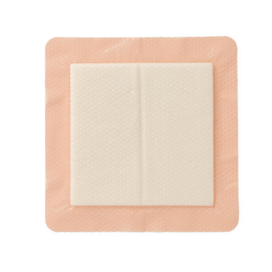 The Medline Optifoam Gentle EX Silicone-Faced Foam Wound Dressing is a square adhesive bandage with a padded white center and light pink border, designed for advanced wound care, shown on a white background.