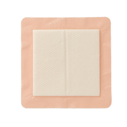 The Medline Optifoam Gentle EX Silicone-Faced Foam Wound Dressing is a square adhesive bandage with a padded white center and light pink border, designed for advanced wound care, shown on a white background.