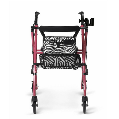 The Medline Posh Pink Zebra Rollator, showcased from the back in red, is a lightweight rollator with four wheels. It includes a black seat, ergonomic brake handles, and a zebra print storage bag at the front for excellent mobility support.