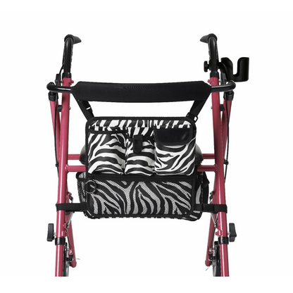 The Medline Posh Pink Zebra Rollator has a zebra-patterned bag with multiple pockets and a black elastic strap at the rear, providing convenient storage and easy access. It offers perfect mobility support with ergonomic brake handles for effortless maneuverability.