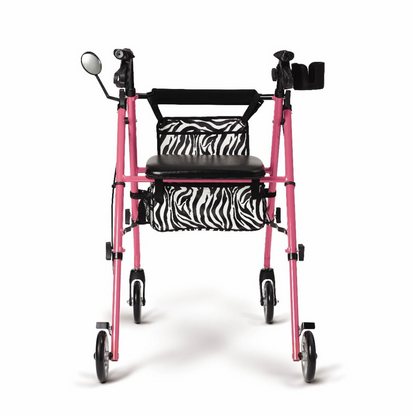 The Medline Posh Pink Zebra Rollator is a lightweight model featuring four wheels, a black seat, ergonomic brake handles, a zebra-patterned storage bag, side mirror, and cup holder for enhanced mobility support.