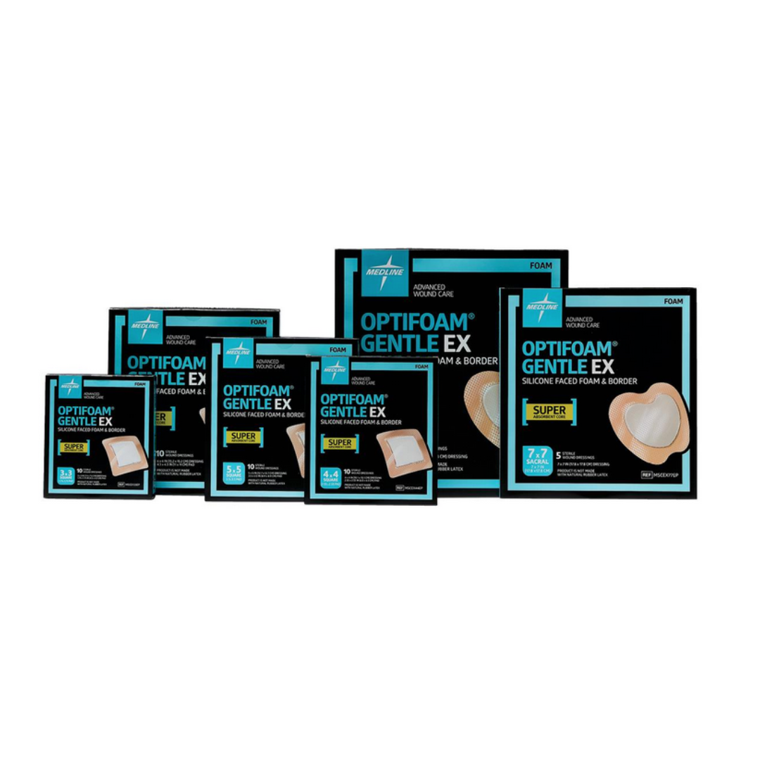 Six boxes of Medline Optifoam Gentle EX Silicone-Faced Foam Wound Dressings in various sizes are displayed in a row, featuring distinctive blue-black packaging with detailed images and text on each box.