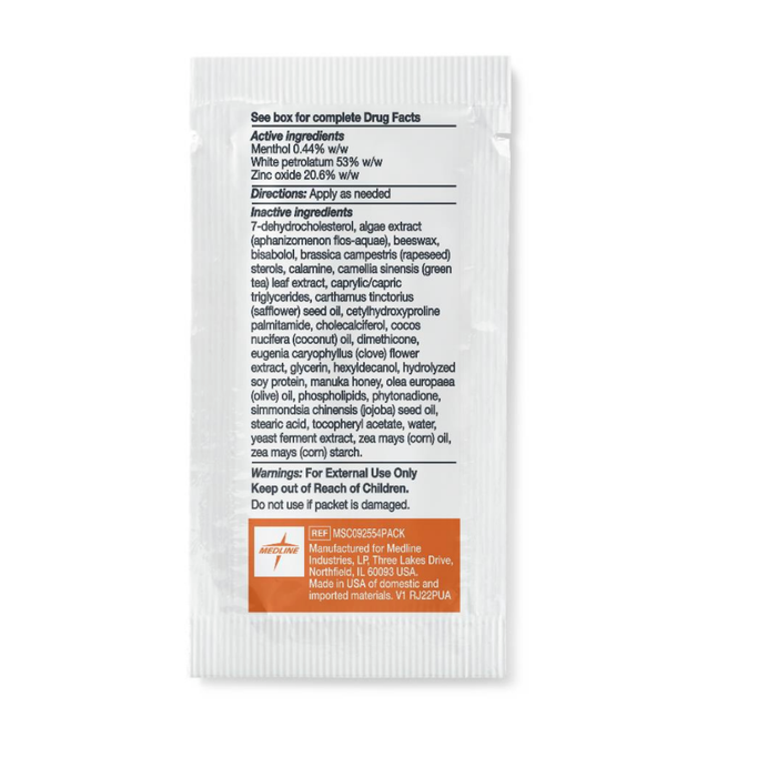A white packet labeled Medline Remedy Specialized Zinc Oxide Paste with Menthol lists ingredients, drug facts, directions, warnings, and manufacturer details for this medicinal ointment featuring zinc oxide and menthol.