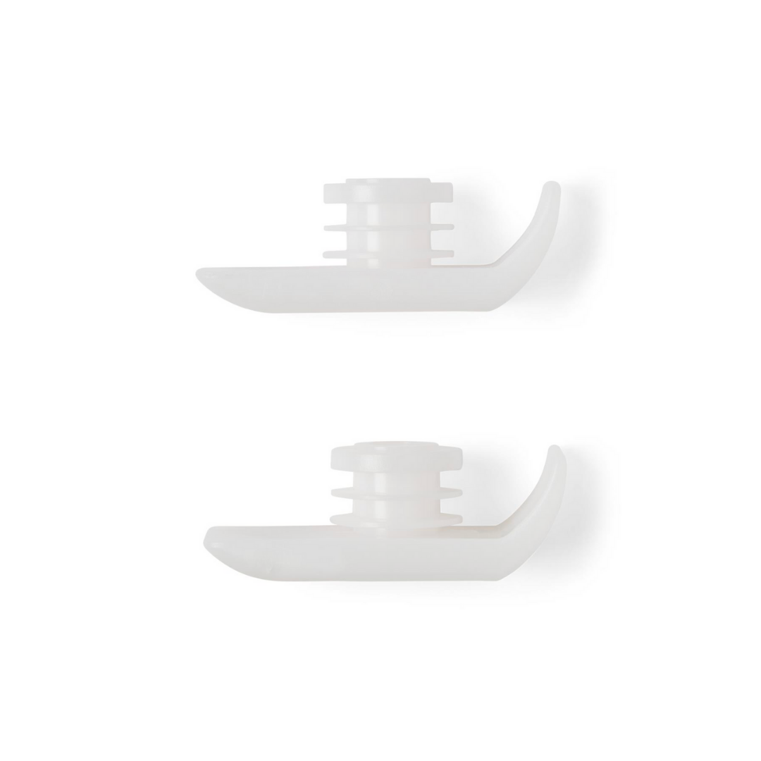 Medline Ski Gliders for Walkers—two white, curved plastic pieces with cylindrical tops and flat bases, shown one above the other on a plain white background. Ideal as replacement rear walker glides or walker leg caps.