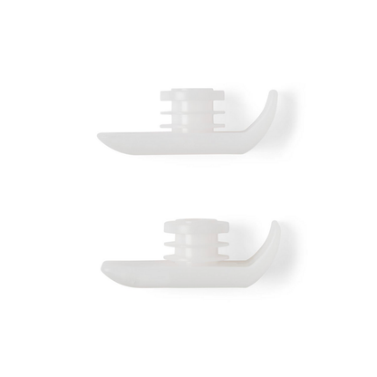 Medline Ski Gliders for Walkers—two white, curved plastic pieces with cylindrical tops and flat bases, shown one above the other on a plain white background. Ideal as replacement rear walker glides or walker leg caps.