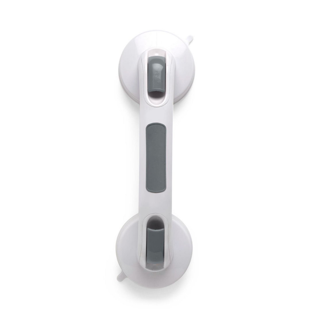A Medline Suction Cup Shower Grab Bar is displayed against a plain background, featuring two gray suction cups at each end and gray sections along the handle for a secure grip, providing essential shower support.