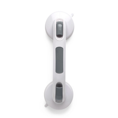 A Medline Suction Cup Shower Grab Bar is displayed against a plain background, featuring two gray suction cups at each end and gray sections along the handle for a secure grip, providing essential shower support.
