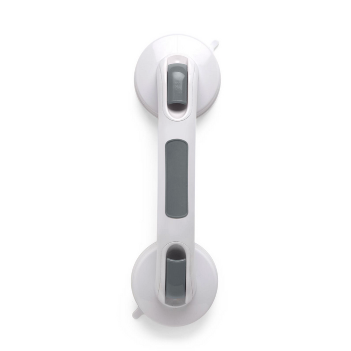 A Medline Suction Cup Shower Grab Bar is displayed against a plain background, featuring two gray suction cups at each end and gray sections along the handle for a secure grip, providing essential shower support.