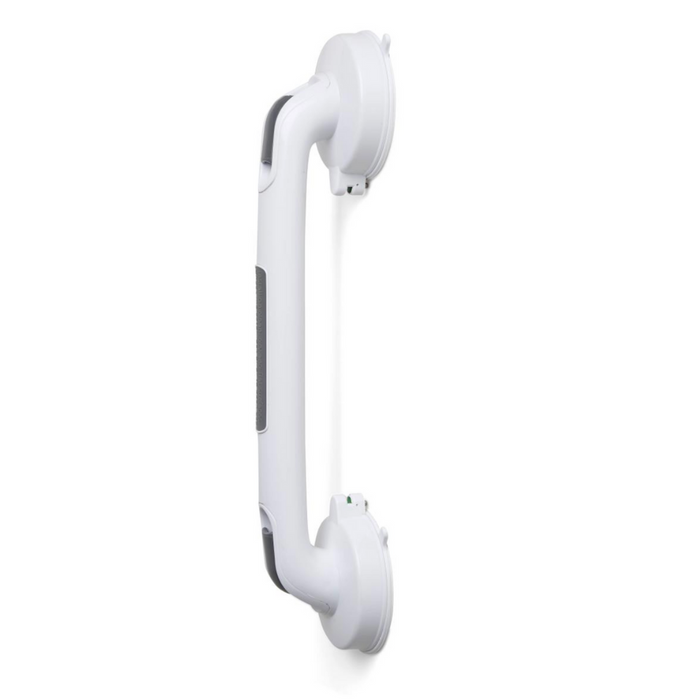 The Medline Suction Cup Shower Grab Bar provides stability in bathrooms with its white design, black grip handle, and suction cups on both ends, ideal for temporary installation on smooth surfaces.