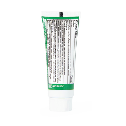 A white and green tube of Medline CURAD Germ Shield Antimicrobial Wound Gel with a white screw cap stands upright on a white background. The back label features product info and antimicrobial protection instructions in black text.