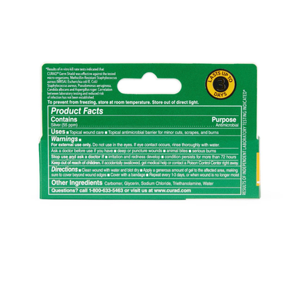 Back of a green Medline CURAD Germ Shield Antimicrobial Wound Gel box showing product facts, directions, warnings, ingredients, and contact info for a topical gel that offers antimicrobial protection and supports wound healing for minor cuts and scrapes.