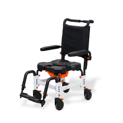 MetaPal® M1-AP Attendant-Propelled Shower Commode Chair in white with a black seat, backrest, and armrests, featuring a rear push handle, four wheels, and adjustable footrests.