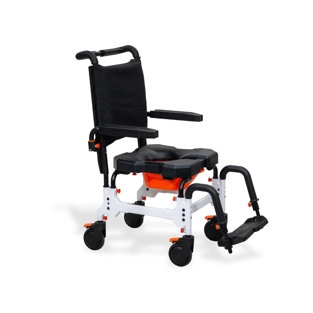 White and black MetaPal® M1-AP Attendant-Propelled Shower Commode Chair with a backrest, armrests, footrests, and four locking casters.