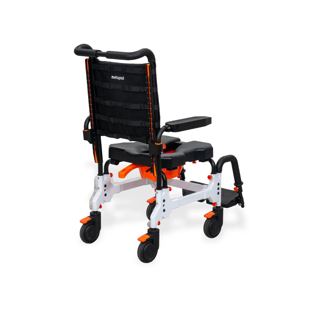 Rear view of a white and black MetaPal® M1-AP Attendant-Propelled Shower Commode Chair with orange accents.