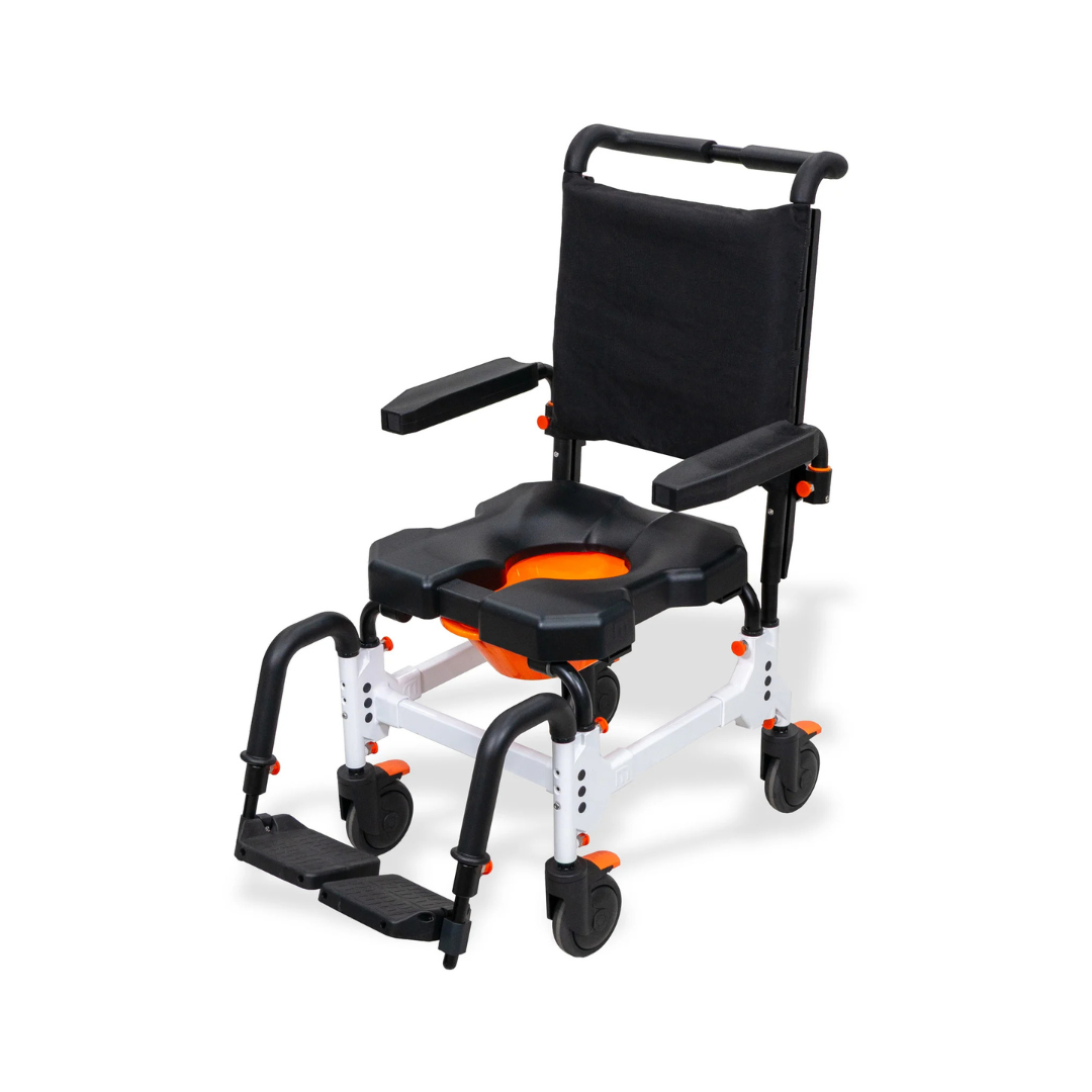 MetaPal® M1-AP Attendant-Propelled Shower Commode Chair in white with a black backrest, armrests, and seat featuring a central cutout, equipped with four wheels and adjustable footrests.