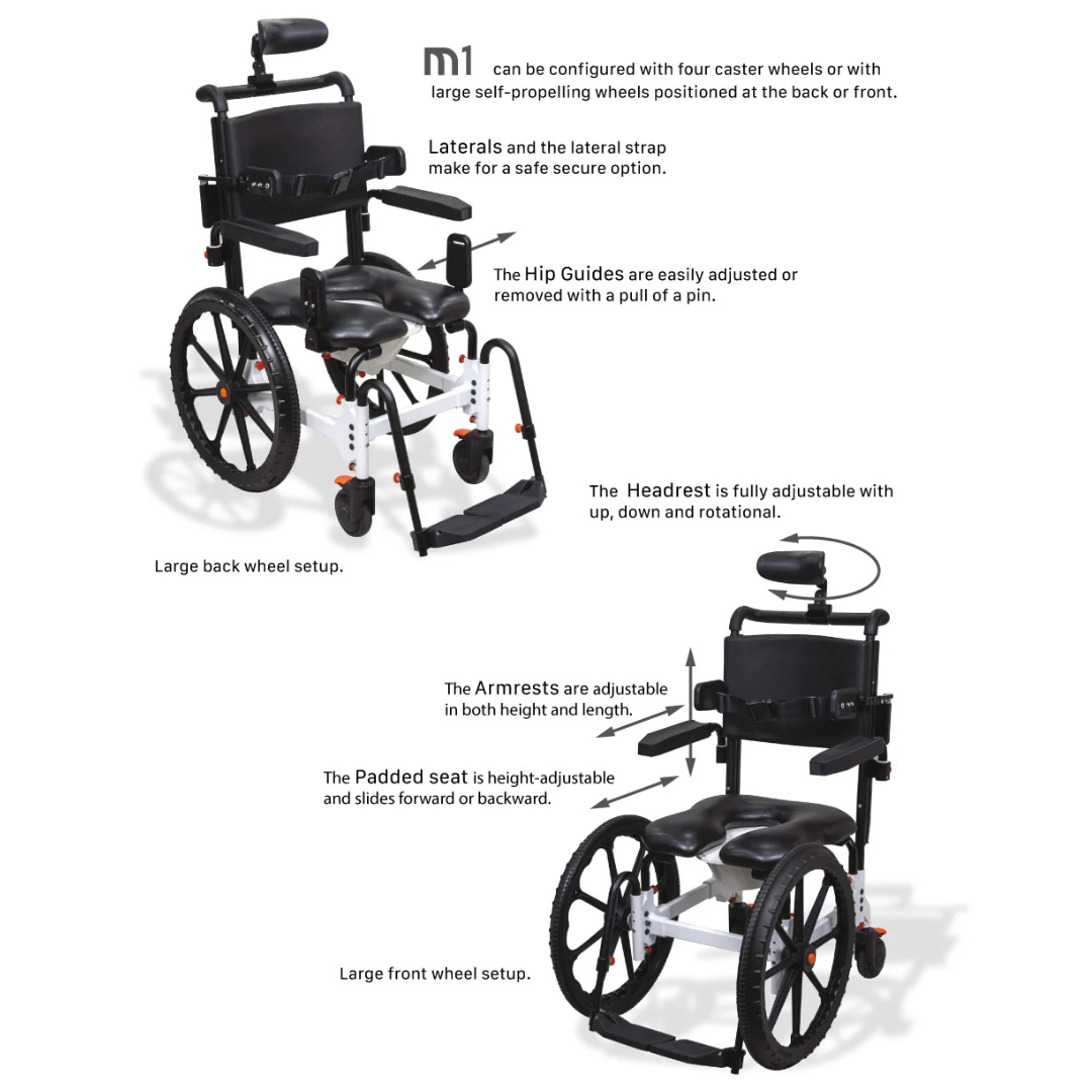 Two MetaPal® M1-SP Self-Propelled Shower Commode chairs with callouts detailing adjustable features including the headrest, armrests, seat, hip guides, and the option for large wheels positioned at the back or front.
