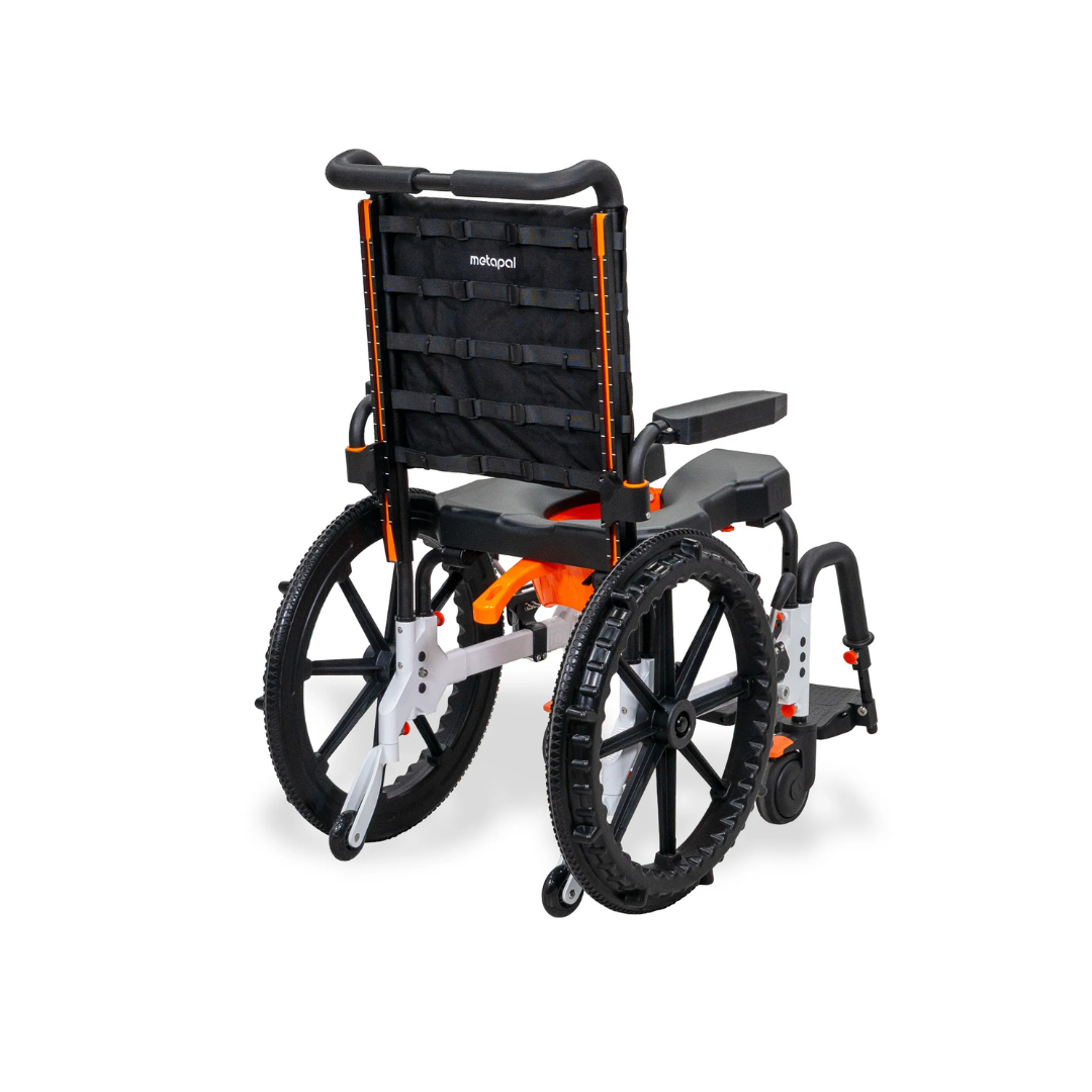 MetaPal® M1-SP Self-Propelled Shower Commode Chair with large rear wheels, a black mesh backrest, and an orange frame.