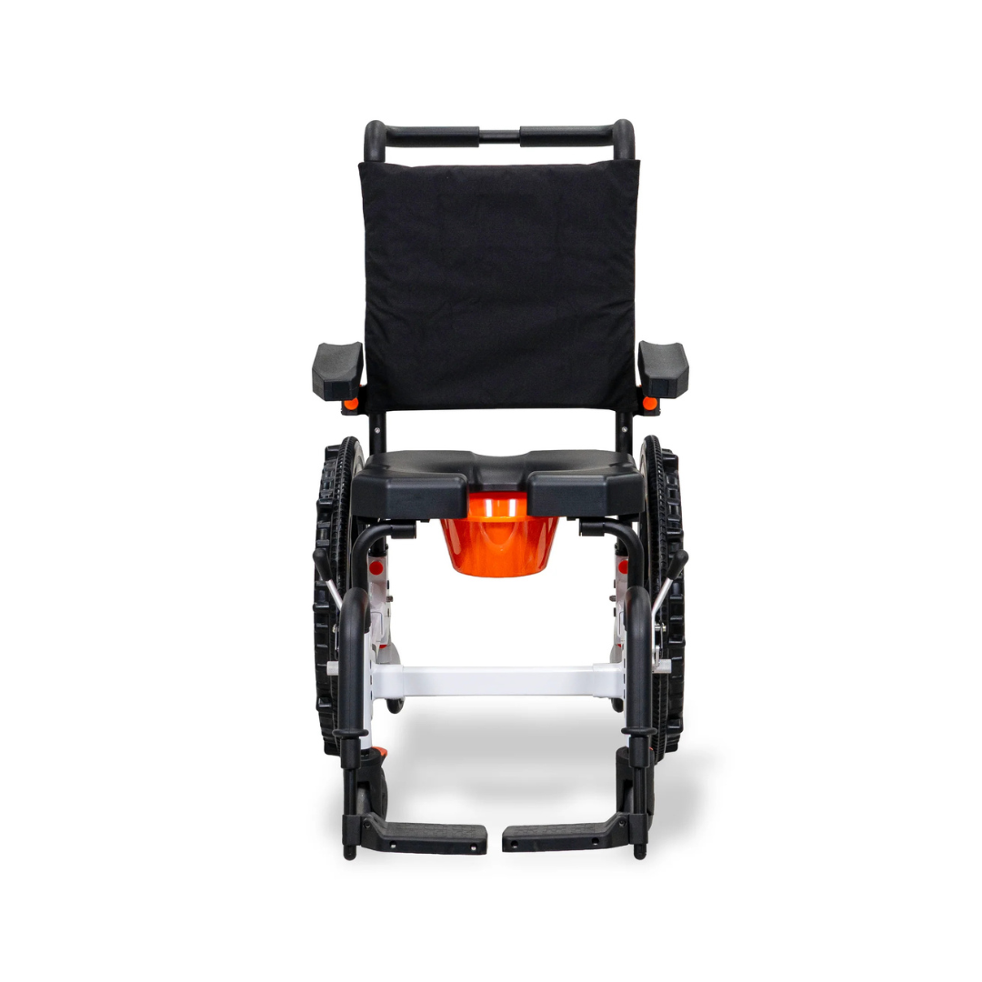 MetaPal® M1-SP Self-Propelled Shower Commode Chair with a black backrest, armrests, and seat, featuring a removable orange basin underneath.