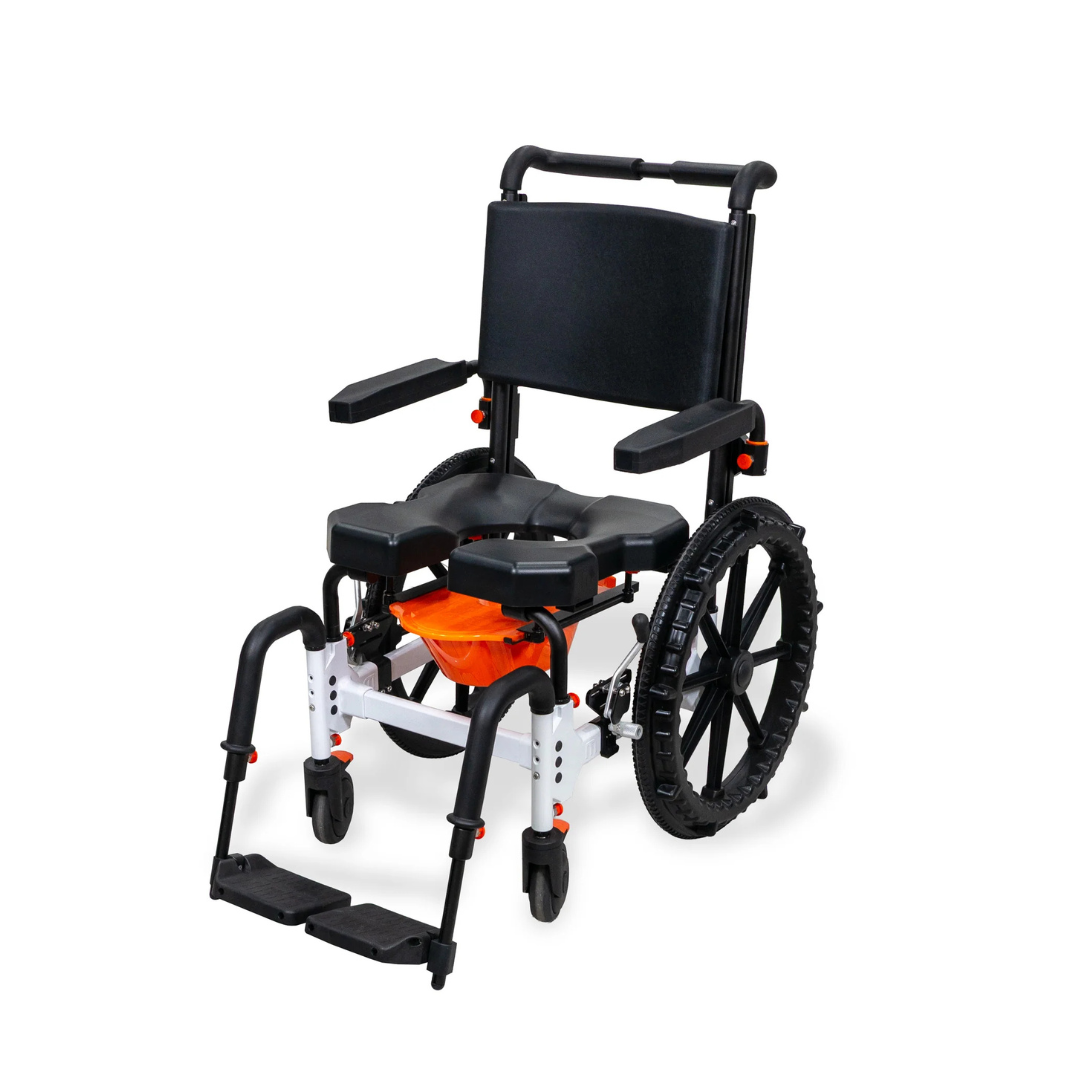 MetaPal® M1-SP Self-Propelled Shower Commode Chair with a black seat, backrest, and large rear wheels, featuring an orange basin underneath the seat.