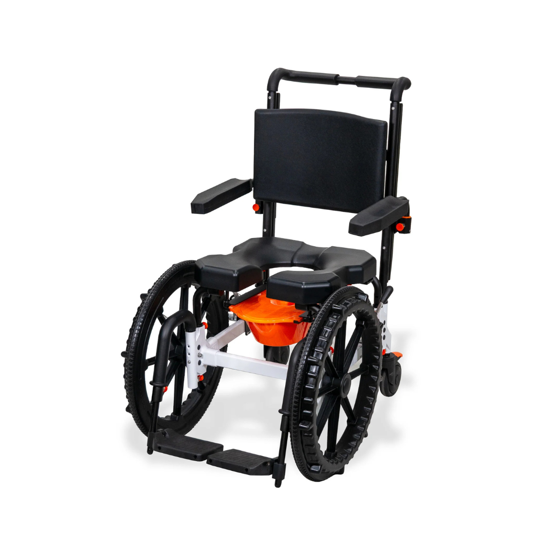 MetaPal® M1-SP Self-Propelled Shower Commode Chair featuring black armrests, a backrest, and an orange commode bucket centered beneath the seat.