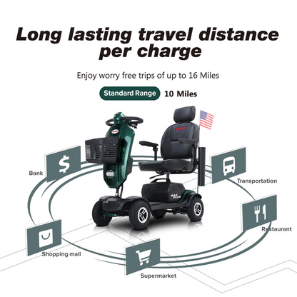 The metro Mobility MAX Plus Scooter, shown with an American flag among icons for bank, mall, supermarket, transport, and restaurant, offers a powerful 300W motor and an extended 16-mile range for long-lasting travel per charge.