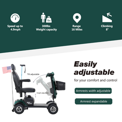 The metro Mobility MAX Plus Scooter boasts an American flag design, 300W motor, speeds up to 4.9 mph, 300 lbs capacity, 16-mile range, climbs 8°, and features an adjustable seat, tiller, armrests, plus expandability.