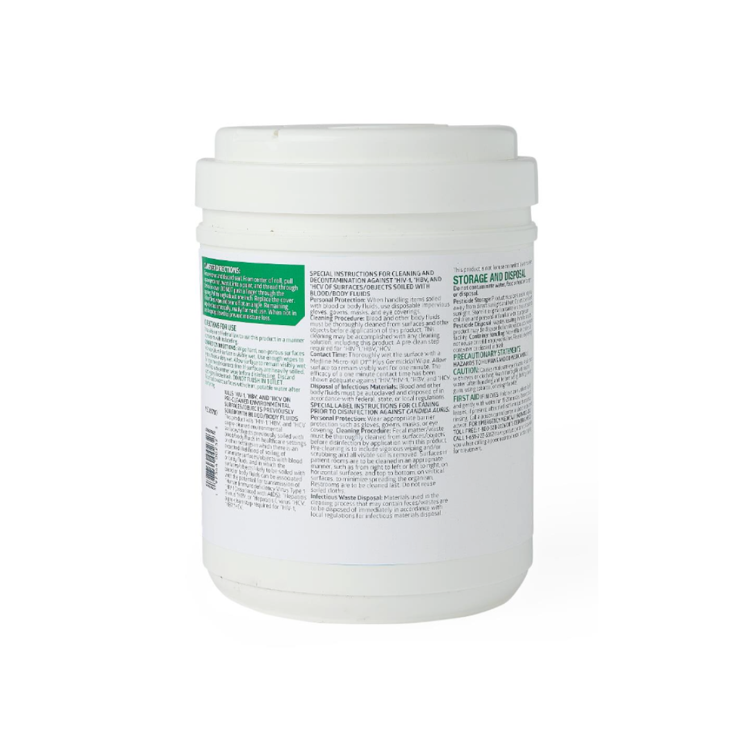 A white plastic container with a screw-on lid, shown from the back. The label in small print displays directions, ingredients, and storage info for Medline Micro-Kill D1 Plus Wipes.