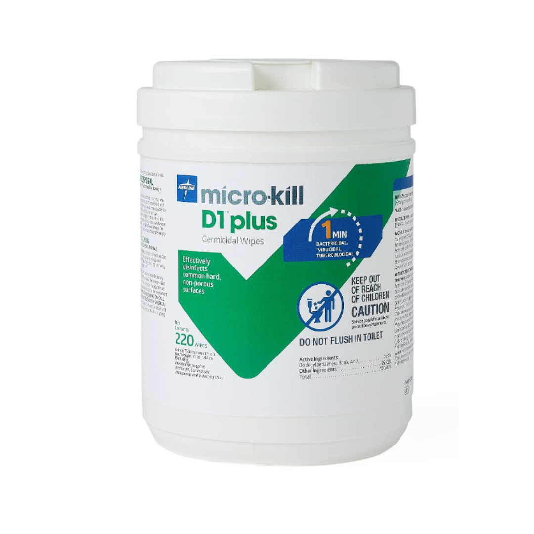 A white canister labeled Medline Micro-Kill D1 Plus Wipes, with blue and green text. Contains 220 wipes, kills bacteria and viruses in 1 minute, and displays safety warnings such as "Keep out of reach of children.