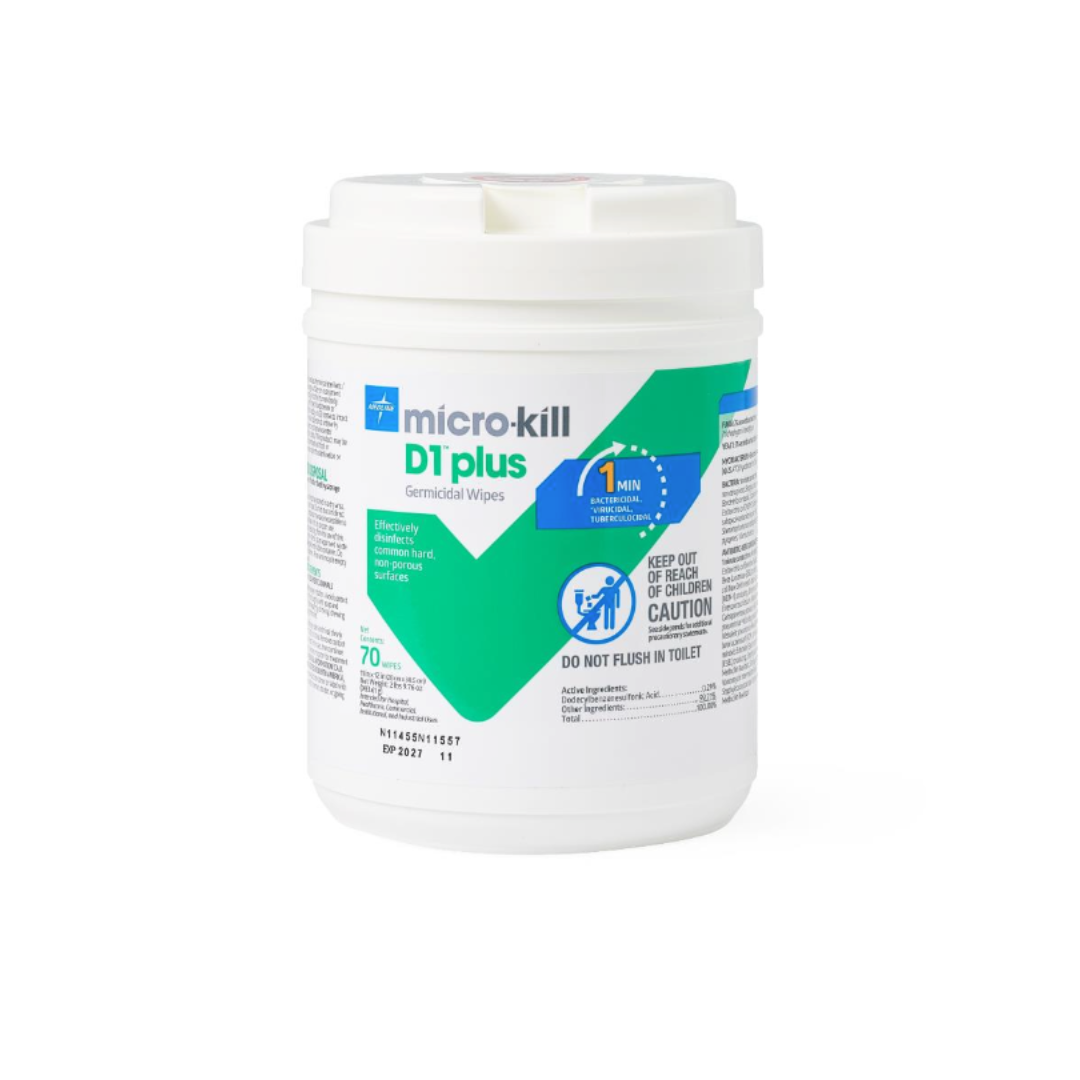 A white container of Medline Micro-Kill D1 Plus Wipes with blue and green labeling, usage instructions, and caution warnings. The twist-off lid container holds 70 disinfectant wipes.
