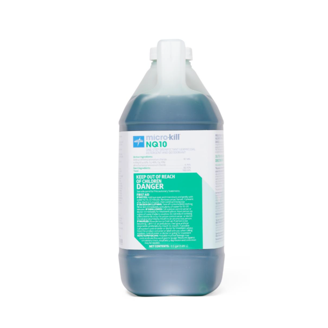 A large, translucent plastic bottle labeled Medline Micro-Kill NQ10 Disinfectant - 64 oz Bottles contains blue disinfectant. The label displays instructions, warnings, and a green section marked DANGER in bold white letters.