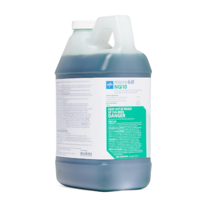 A 64 oz Medline Micro-Kill NQ10 Disinfectant bottle features a handle and a white label with blue, black, and green text for product info and safety warnings. The labor-saving liquid inside is dark blue-green.
