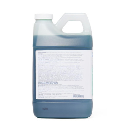 A translucent plastic jug of Medline Micro-Kill NQ10 Disinfectant (64 oz), filled with dark blue liquid and featuring a top handle and white label, is shown from the back, making the label's text hard to read.