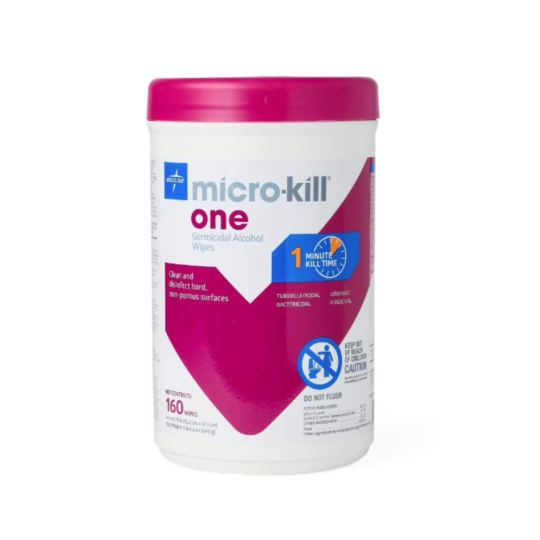 A white canister with a magenta lid labeled Medline Micro-Kill One Germicidal Alcohol Wipes, containing 160 disinfectant wipes for hard, non-porous surfaces; includes instructions and caution details.