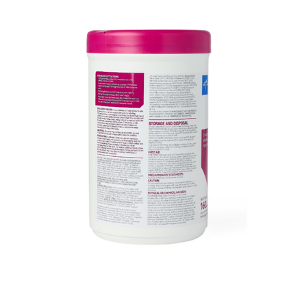 A white cylindrical container with a pink lid, labeled in red and black text giving safety, usage, and storage details for Medline Micro-Kill One Germicidal Alcohol Wipes.