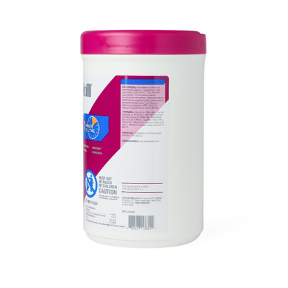 A white container of Medline Micro-Kill One Germicidal Alcohol Wipes with a pink lid. The side label features caution and usage instructions, blue and purple graphics, branding, and safety icons.