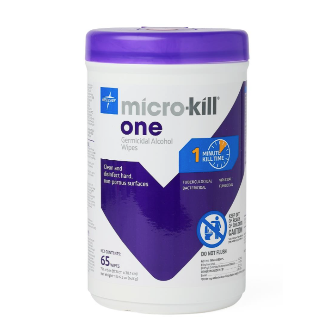 A container of Medline Micro-Kill One Germicidal Alcohol Wipes with a purple and white label claims a 1-minute kill time and contains 65 disinfectant wipes. Instructions and cautions are visible on the packaging.