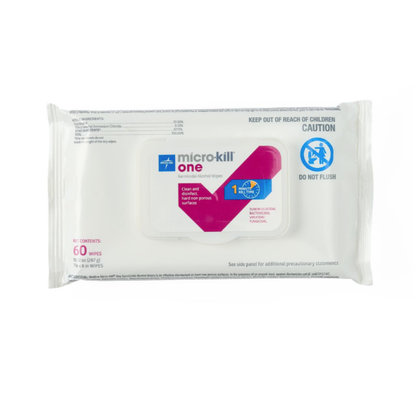 A package of Medline Micro-Kill One Germicidal Alcohol Wipes with a white and magenta label is shown. The packaging states 60 disinfectant wipes, features warning icons, and includes instructions not to flush.