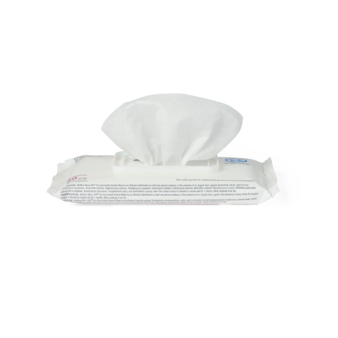 A white package of Medline Micro-Kill One Germicidal Alcohol Wipes, with one wipe partially pulled out, shown against a plain white background.