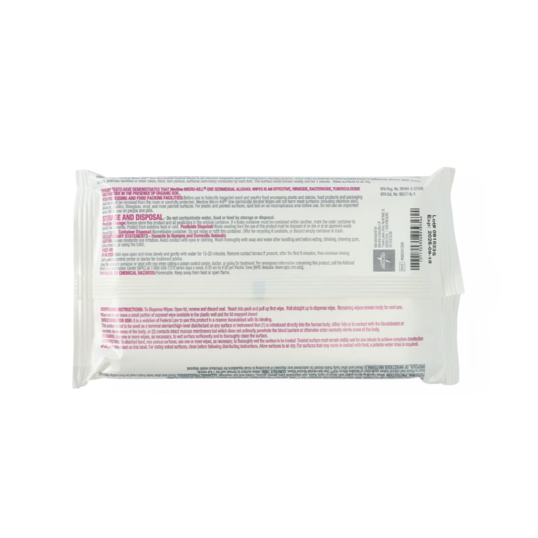 The back of a white package of Medline Micro-Kill One Germicidal Alcohol Wipes features pink and black text with instructions, ingredients, and disposal info. The sealed packaging is shown against a white background.