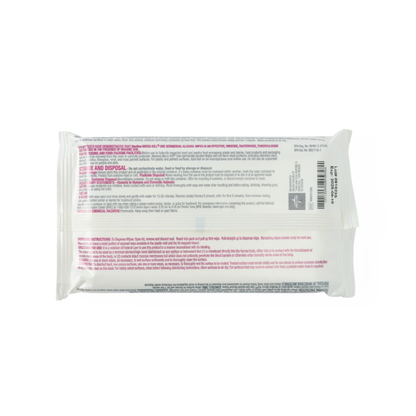 The back of a white package of Medline Micro-Kill One Germicidal Alcohol Wipes features pink and black text with instructions, ingredients, and disposal info. The sealed packaging is shown against a white background.