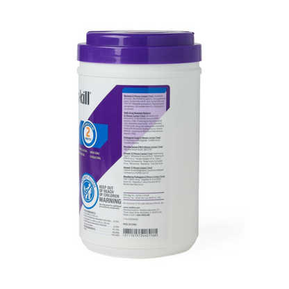 A white canister with a purple lid labeled Micro-Kill Two Disinfectant Wipes contains wipes that kill viruses on hard surfaces; the label includes instructions, warnings, and a Keep Out of Reach of Children notice.