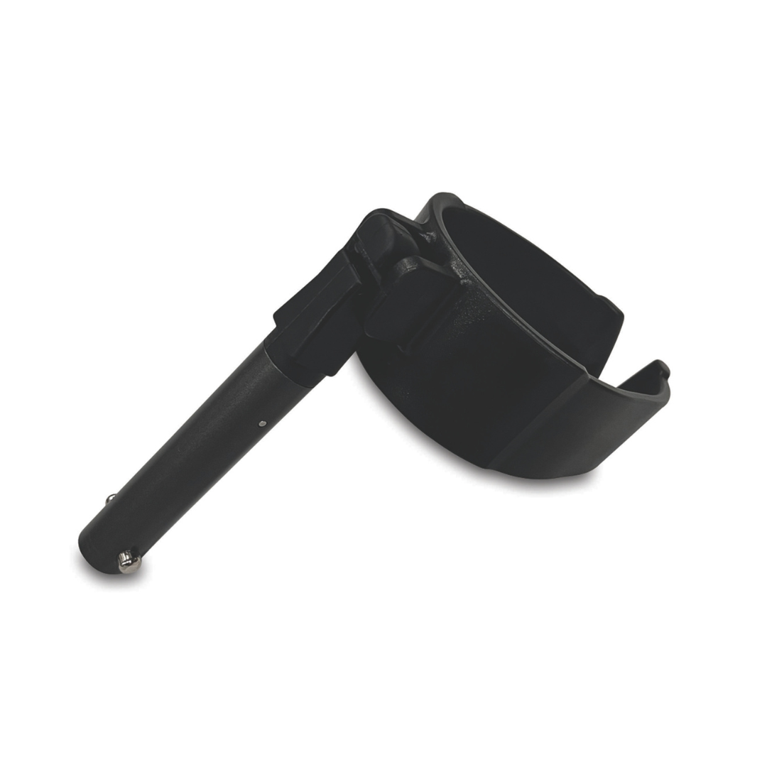 The Millennial Medical in-Motion Pro Forearm Crutch Set features a black plastic cup holder with an attached cylindrical clamp arm for mounting on the crutch. It’s open at the top and side for easy access—see product specs for size and fit details.