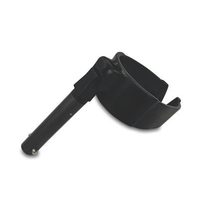 The Millennial Medical in-Motion Pro Forearm Crutch Set features a black plastic cup holder with an attached cylindrical clamp arm for mounting on the crutch. It’s open at the top and side for easy access—see product specs for size and fit details.