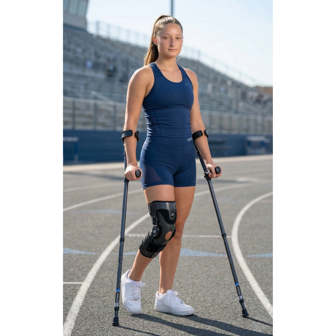 A young woman in athletic wear stands on a running track using the Millennial Medical in-Motion Pro Forearm Crutch Set and a black knee brace on her right leg, looking forward confidently with stadium bleachers behind her.