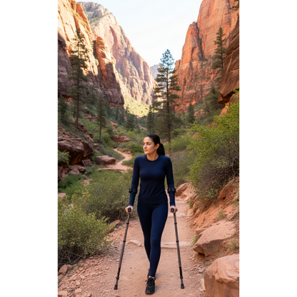 A woman in athletic wear uses the Millennial Medical in-Motion Pro Forearm Crutch Set while hiking among red rock cliffs and pine trees, showing why it's essential to review product specifications for suitable hiking gear.